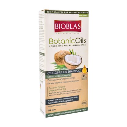 Hranljivi šampon protiv opadanja za beživotnu i kosu bez sjaja BIOBLAS Kokosovo i maslinovo ulje 360ml - Slika 2